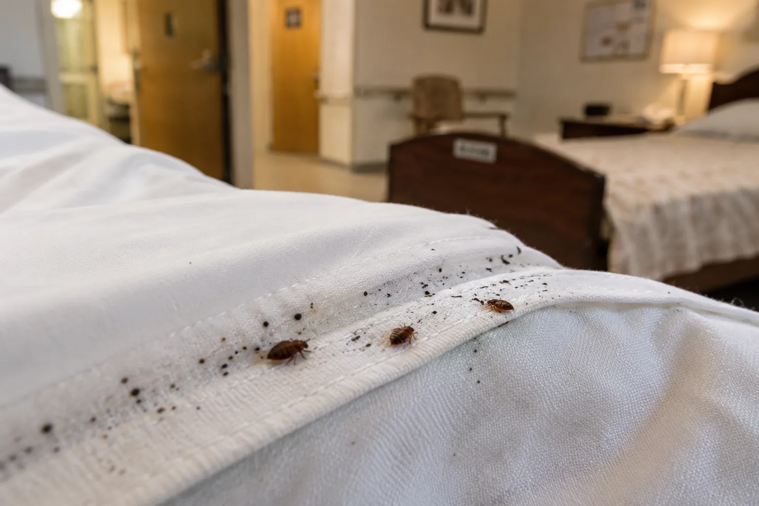 Bed bugs and fecal staining on a mattress seam in a senior living facility room