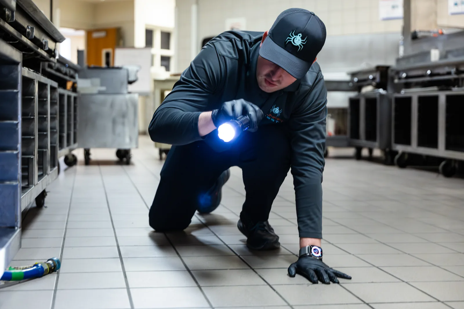 Lunar Pest technician inspecting under equipment in an Arizona food and beverage processing plant